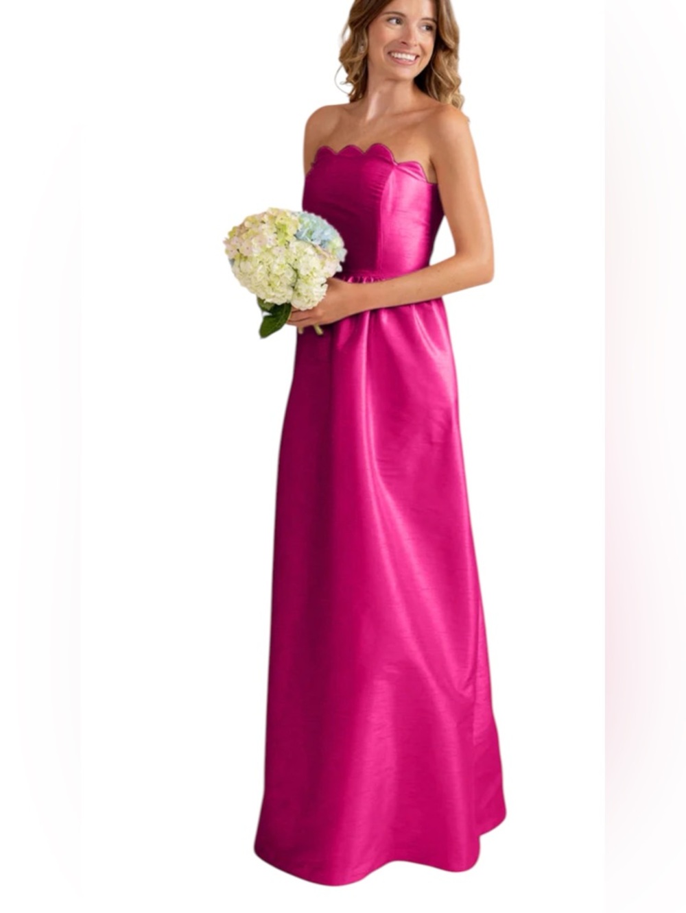 Lula Kate Hayes Pink Peony Bengaline Strapless Scalloped Bridesmaid Satin Dress